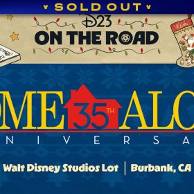 A promotional image for D23 On the Road: Home Alone. In the festive image, the D23 On the Road logo is surrounded by Christmas lights and images of iconic objects from Home Alone, including the Kenosha Kickers van, a Little Nero’s Pizza box, a stocking belonging to Kevin, an iron, a paint can, and various ornaments. Also featured is the film’s title, with large yellow serif lettering spelling “Home Alone”, and a clipart representation of the McCallister house in red with “35th” spelled into it. In the background is a festive blue print evoking holiday knitwear. A banner at the top reads "SOLD OUT."