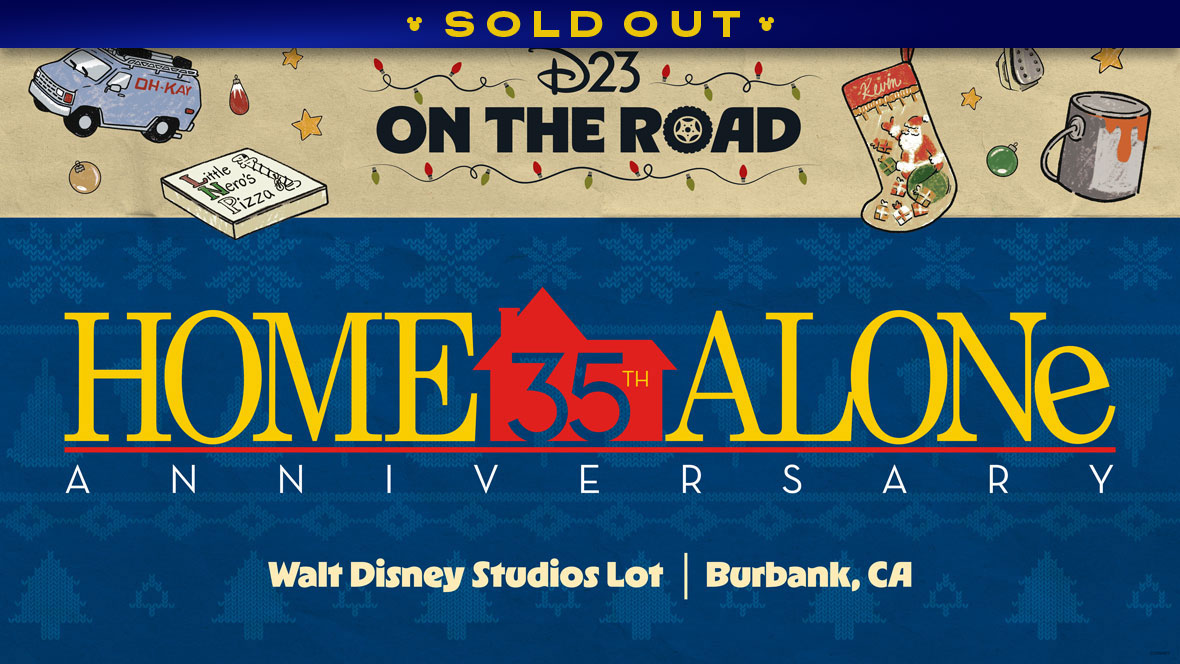 A promotional image for D23 On the Road: Home Alone. In the festive image, the D23 On the Road logo is surrounded by Christmas lights and images of iconic objects from Home Alone, including the Kenosha Kickers van, a Little Nero’s Pizza box, a stocking belonging to Kevin, an iron, a paint can, and various ornaments. Also featured is the film’s title, with large yellow serif lettering spelling “Home Alone”, and a clipart representation of the McCallister house in red with “35th” spelled into it. In the background is a festive blue print evoking holiday knitwear. A banner at the top reads "SOLD OUT."