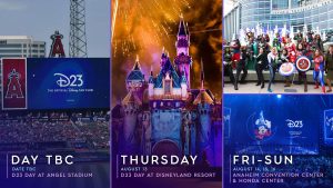 Four-panel promotional graphic for upcoming D23 events. First panel: a fan wearing Mickey ears poses at Angel Stadium beside a D23 banner for &ldquo;D23 Day at Angel Stadium&rdquo; (date to be confirmed). Second panel: Sleeping Beauty Castle at Disneyland Resort illuminated in purple and gold during a fireworks show, promoting &ldquo;D23 Day at Disneyland Resort&rdquo; on Thursday, August 13. Third panel: a large group of Marvel cosplayers posing outside the Anaheim Convention Center. Fourth panel: a stage with Sorcerer Mickey on the screen during a D23 presentation, promoting &ldquo;D23 Expo&rdquo; at the Anaheim Convention Center and Honda Center from Friday to Sunday, August 14&ndash;16.