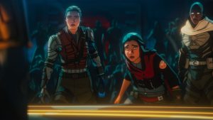 From left to right, Yelena Belova, Kamala Khan, and Blade Knight prepare to fight in a scene from Marvel Animation's Marvel Zombies.