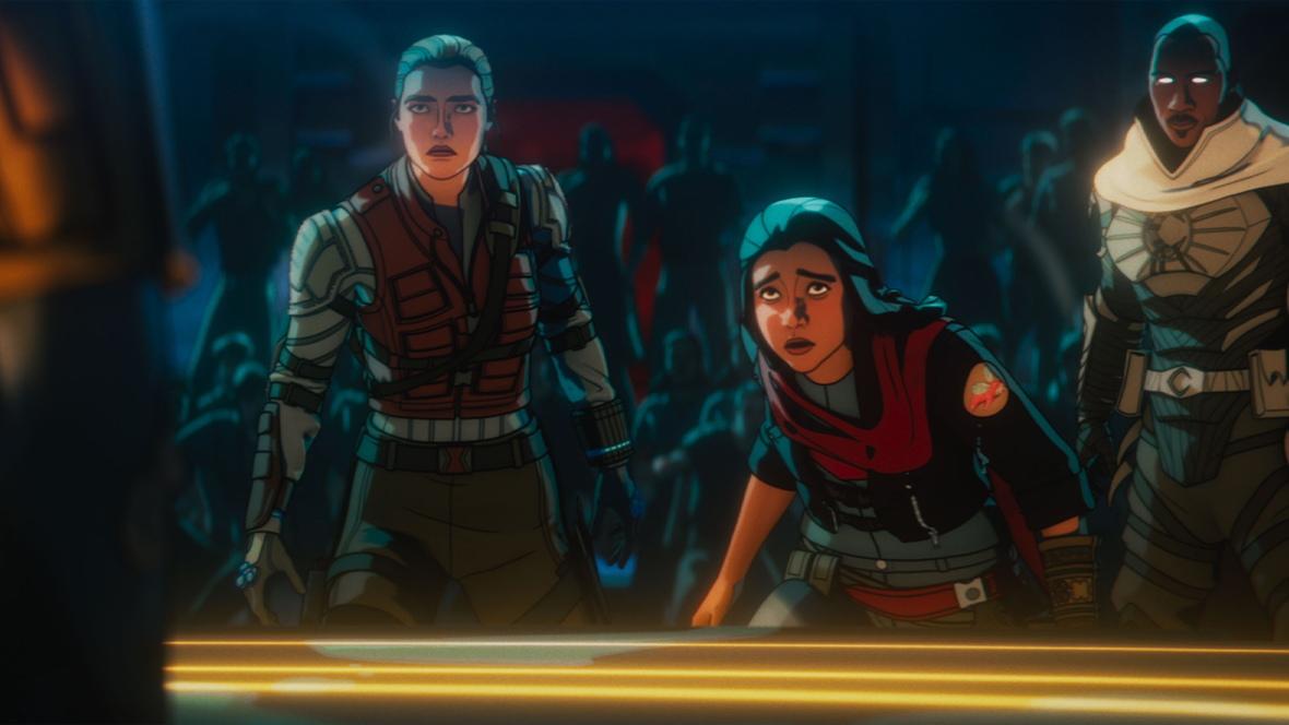 From left to right, Yelena Belova, Kamala Khan, and Blade Knight prepare to fight in a scene from Marvel Animation's Marvel Zombies.