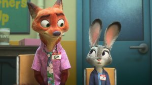 The fox Nick Wilde (voiced by Jason Bateman) sits beside the bunny Judy Hopps (voiced by Ginnifer Goodwin) in a partners counseling session. Both are wearing nametags.