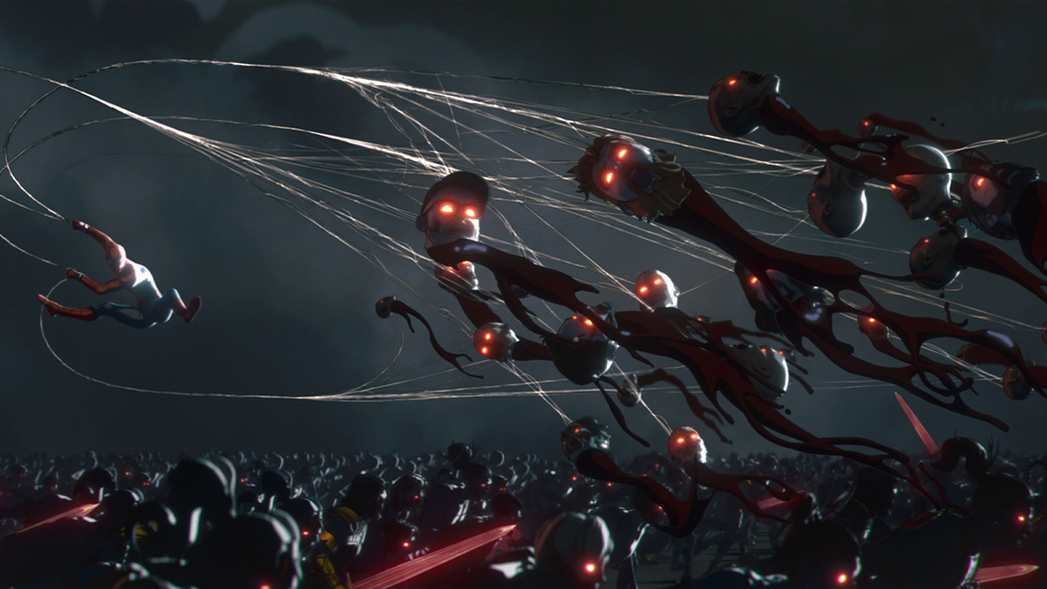 Okoye (center) commands an army of zombies — including Hawkeye, Abomination, and Ghost, among others — in the Marvel Animation series Marvel Zombies.