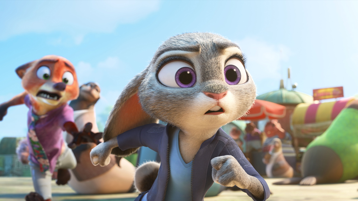 The fox Nick Wilde (voiced by Jason Bateman) chases after the bunny Judy Hopps (voiced by Ginnifer Goodwin).