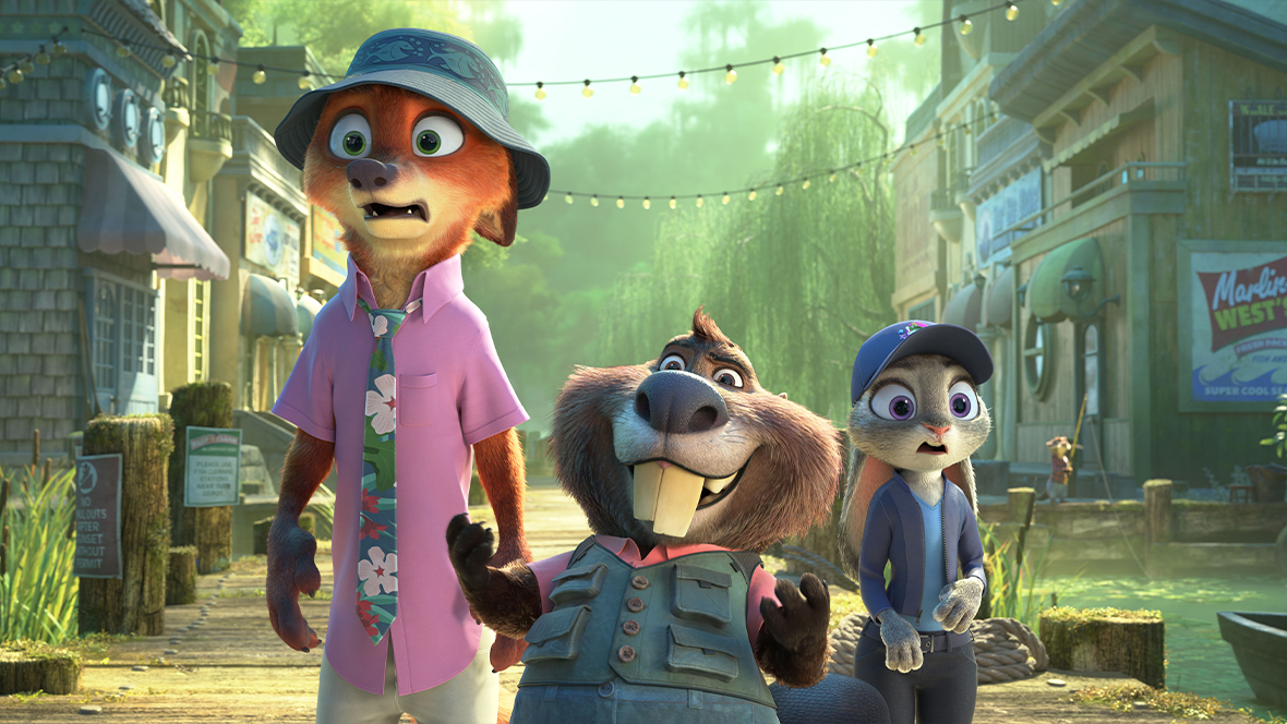 The fox Nick Wilde (voiced by Jason Bateman), the beaver Nibbles Maplestick (voiced by Fortune Feimster), and the bunny Judy Hopps (voiced by Ginnifer Goodwin) explore the Marsh Market.