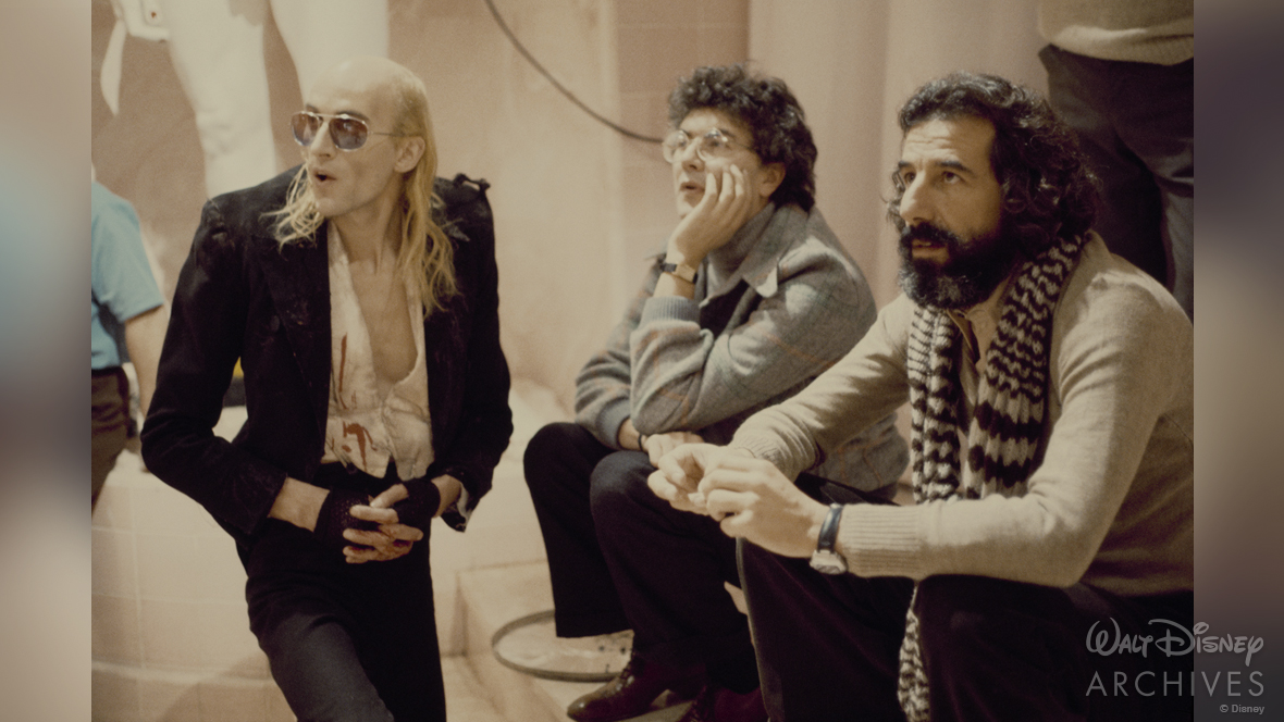 Richard O'Brien with producers Michael White (center) and Lou Adler (right) on the set of Rocky Horror.