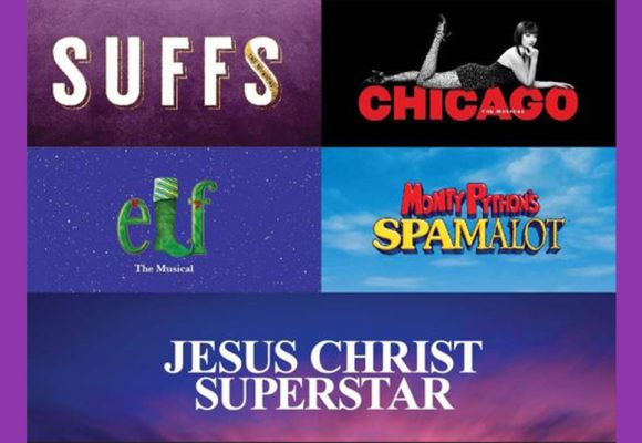 Over a purple background are 5 tiles featuring upcoming shows at the 5th Avenue Theatre. These shows are: SUFFS, CHICAGO, ELF: THE MUSICAL, MONTY PYTHON’S SPAMALOT, and JESUS CHRIST SUPERSTAR. 