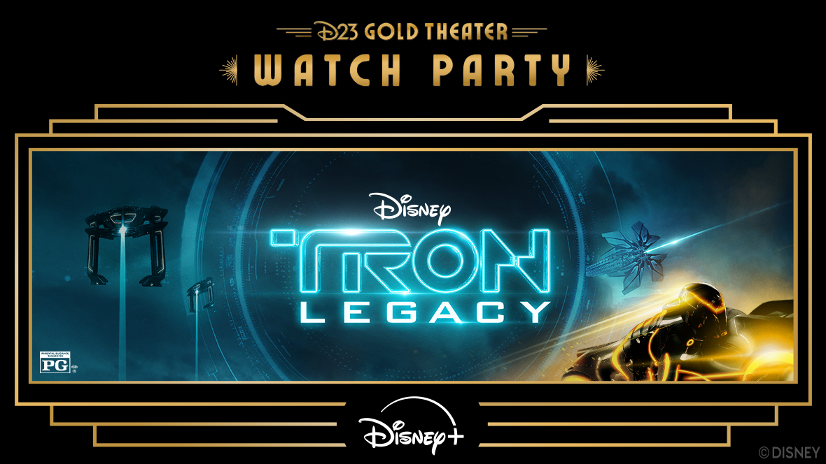 A stylized image of a marquee with “D23 Gold Theater Watch Party” centered at the top, showcasing the virtual event. The center reads “Disney, Tron Legacy,” At the bottom of the marquee is the Disney+ logo in white.