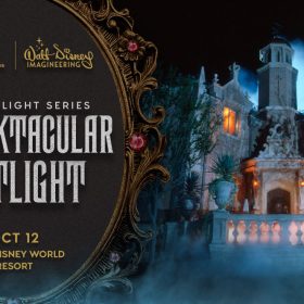 An image promoting D23’s upcoming Spooktacular Spotlight event. On the left side of the image is a vintage gold frame of a “magic” mirror; inside the mirror is shimmery grey text that reads “D23 Spotlight Series: A Spooktacular Spotlight.” Above this text are the D23 and the Walt Disney Archives logos in gold. Below the text, also in gold, is the date of the event and the location: October 12, Walt Disney World Resort. On the right side of the image is a photo of the Haunted Mansion attraction at the Magic Kingdom at Walt Disney World Resort.