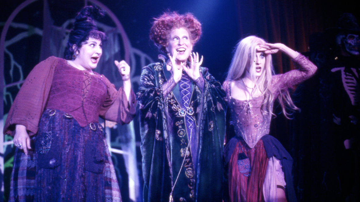 (From left to right) Mary Sanderson (played by Kathy Najimy), Winifred Sanderson (played by Bette Midler), and Sarah Sanderson (played by Sarah Jessica Parker) in Hocus Pocus.
