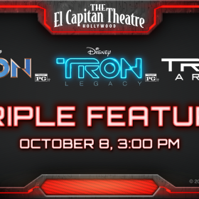 A red glowing light borders a black backdrop, with the “El Capitan Theatre” at the top. In the middle of the image are three logos for the films TRON, TRON: Legacy, and TRON: Ares. At the bottom of the image, glowing red text reads “Triple Feature October 8 3:00 PM.”