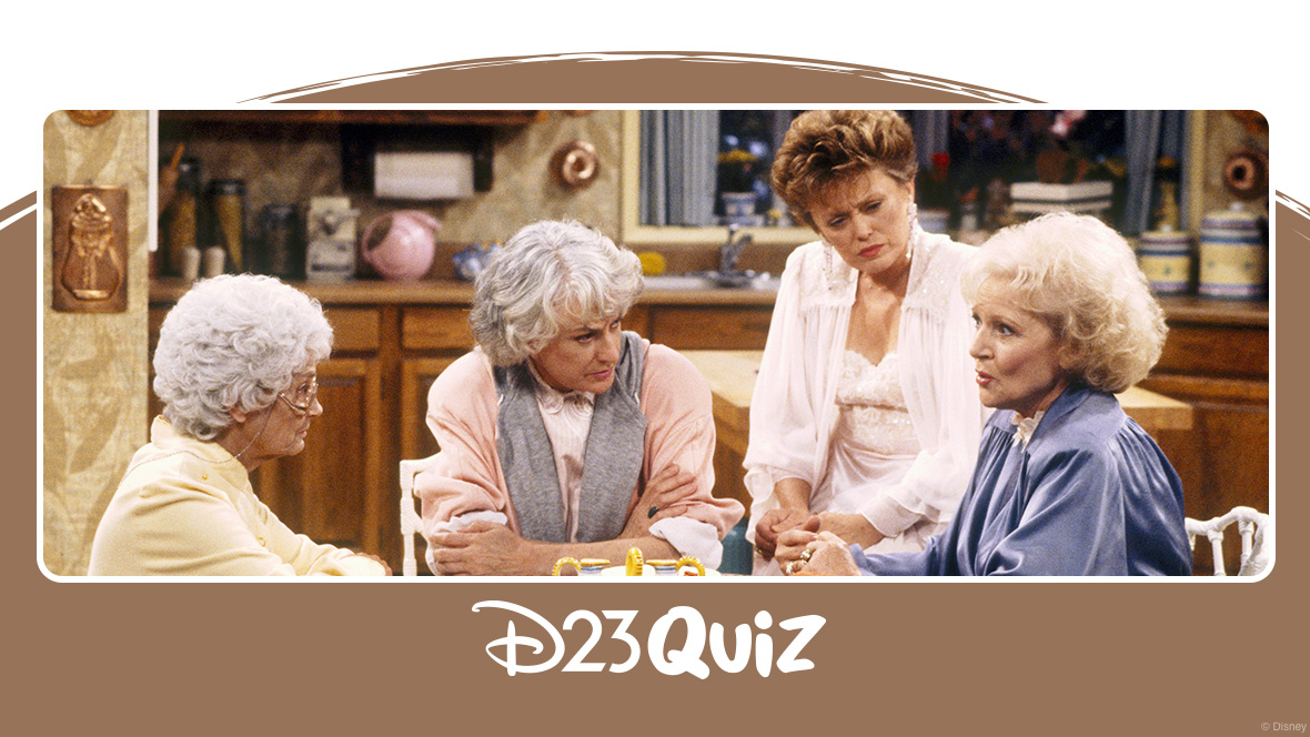 The four roommates from The Golden Girls sit together at the kitchen table. (From left to right) Sophia wears a yellow robe, Dorothy wears a pink shirt and gray scarf, Blanche wears a white dress, and Rose wears a blue robe. Rose is talking and the other women are looking at her intently.