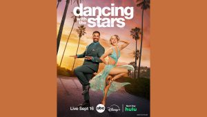 A key art image from Season 34 of ABC&rsquo;s Dancing with the Stars, featuring hosts Alfonso Ribeiro and Julianne Hough&mdash;seen against a sunset sky with palm trees and the ocean in the distance. Ribeiro and Hough are posing as if dancing; Ribeiro is wearing a suit and Hough is wearing a glittery ballroom-style dress. The logo for the series is seen at the top of the image, and the premiere date&mdash;September 16&mdash;and logos for ABC, Disney+, and Hulu are seen at the bottom.