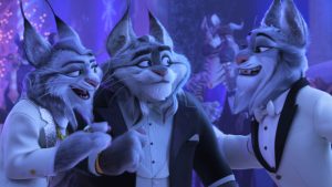An image of some of the Lynxley family from Walt Disney Animation Studios’ upcoming film Zootopia 2. The three lynxes are all wearing fancy dress and are excitedly talking to one another.