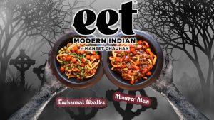 New eet items for Halloween: Enchanted Noodles Lo-mein noodles sautéed with crisp green peas and tender carrots, finished with a rich and savory Enchanted Umami Glaze, a balanced blend of hoisin, soy sauce, oyster sauce, and a touch of mustard oil for depth and intrigue Monster Mein Lo-mein noodles tossed with vibrant green peas and sweet carrots, coated in our bold and fiery Lava Garlic Umami Sauce, a robust mix of garlic chili sauce, soy sauce, oyster sauce, and mustard oil for a spicy kick.