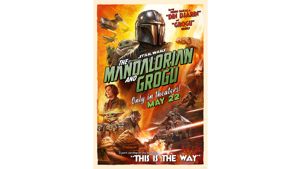 The poster for Lucasfilm’s Star Wars: The Mandalorian and Grogu, itself in the style of posters for film serials of the 1940s and ’50s. The title of the film can be seen at center; above the title are images of Din Djarin and Grogu, and below the title, to the left, is an image of co-star Sigourney Weaver. Around the perimeter of the poster are other images of ships, vehicles, and recognizable aliens from the Star Wars world, including a creature that resembles Jabba the Hutt.