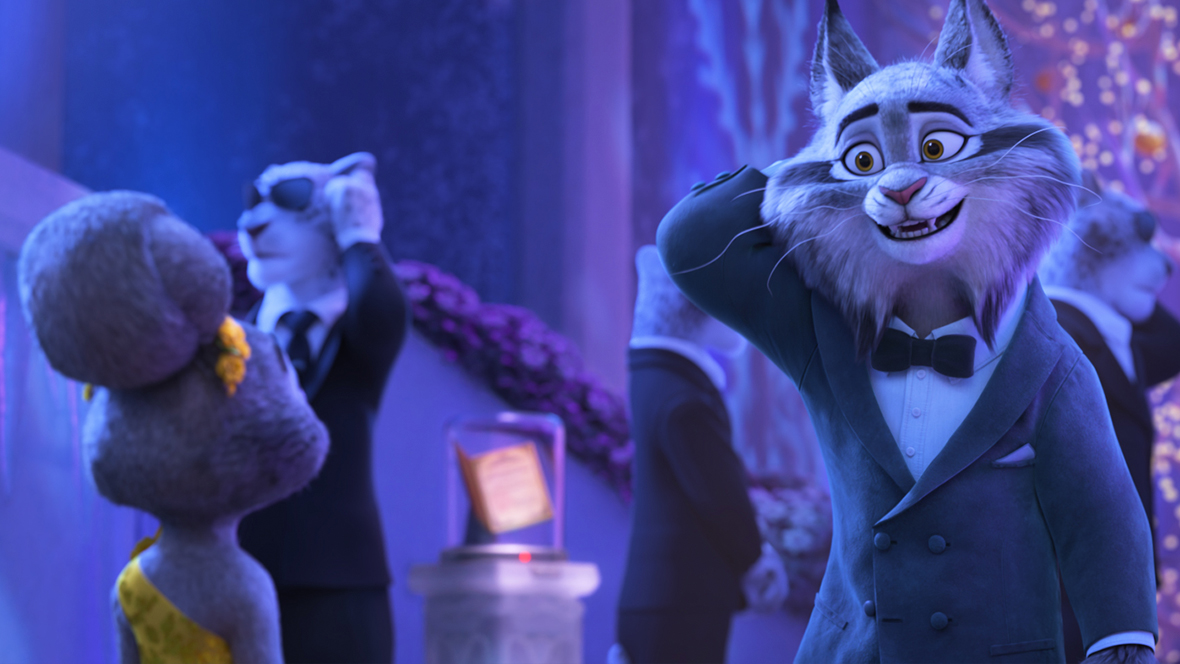 An image of a member of the Lynxley family in Walt Disney Animation Studios’ Zootopia 2. The lynx is wearing a tux and is talking to another animal whose back is to the camera.