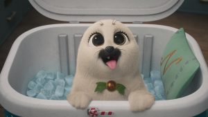 An image from the new holiday special Prep & Landing: The Snowball Protocol featuring Nog, the adorable arctic seal pup.