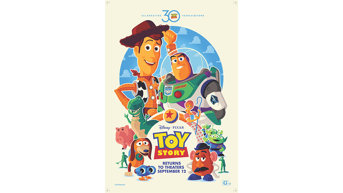 The poster for the 30th anniversary re-release of Disney and Pixar’s Toy Story. Several iconic characters from the film are featured, including Sheriff Woody, Buzz Lightyear, Slinky Dog, Mr. Potato Head, Rex, Bo Beep, the Aliens, and Green Army Men. The logo for the film is seen at lower center, below most of the characters, as are the words “Returns to Theaters September 12.”