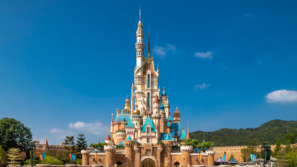 An image of Sleeping Beauty Castle at Hong Kong Disneyland, transformed into the Castle of Magical Dreams.