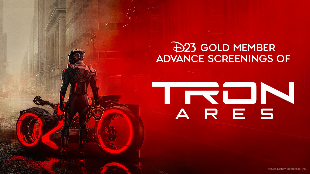 A background of a sepia tone city landscape on the left-hand side of the image. In the foreground is a red Lightcycle with a driver in a black light suit standing in front of it. The right side of the image is washed in the same red as the Lightcycle, and in white text reads: “D23 Gold Member Advance Screenings of TRON: Ares.”