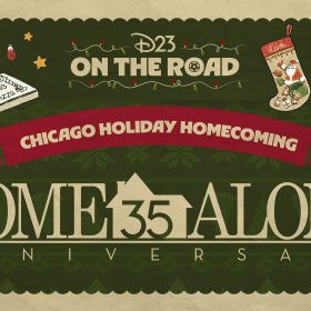 A promotional image for D23 On the Road: Home Alone’s Chicago Holiday Homecoming event. The D23 On the Road logo is surrounded by Christmas lights and images of iconic objects from Home Alone, including the Kenosha Kickers van, a Little Nero’s Pizza box, a stocking belonging to Kevin, an iron, a paint can, and various ornaments. In the center of the image is a curved red banner that reads “Chicago Holiday Homecoming.” Also featured is the film’s title in large lettering and a clipart representation of the McCallister house in red with “35” spelled into it. In the background is a festive green print evoking holiday knitwear. The green background has scalloped edges, evoking a holiday greeting card.