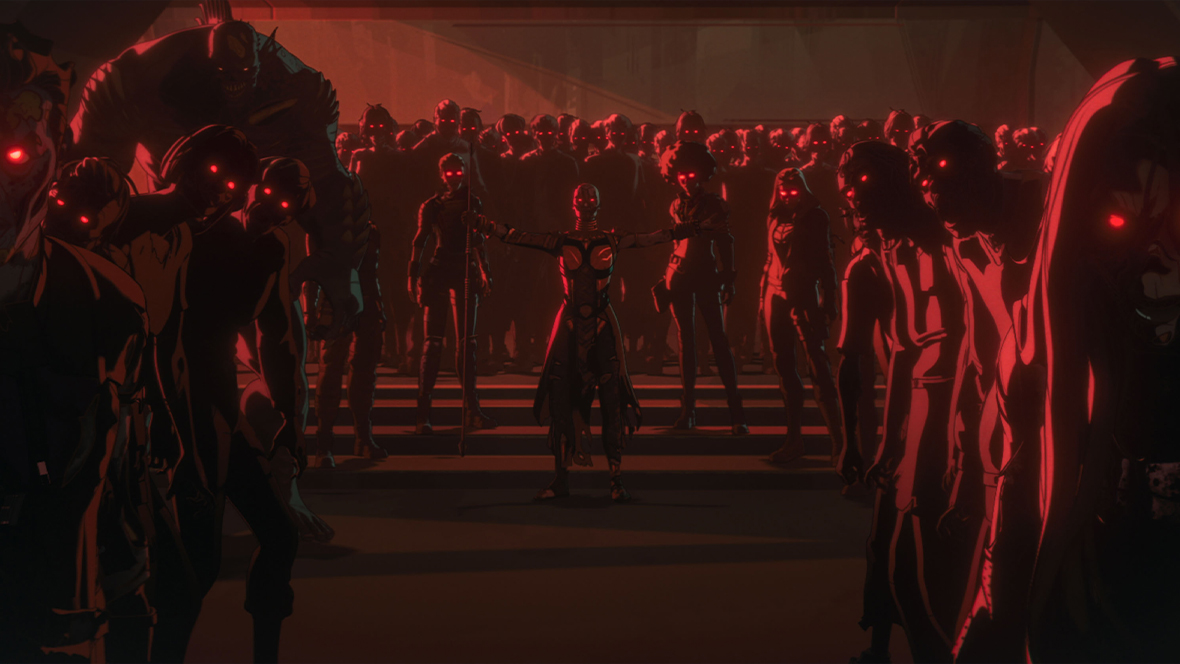 Okoye (center) commands an army of zombies — including Hawkeye, Abomination, and Ghost, among others — in the Marvel Animation series Marvel Zombies.
