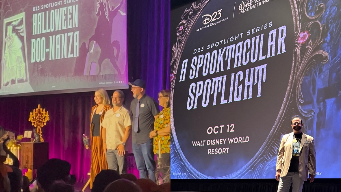 Jump Scare! The D23 Spotlight Series Bites into Halloween At left, a D23 member dressed as Roz from Monsters, Inc. (2001) strikes an administrative pose in front of the Grand Central Air Terminal during D23’s Halloween Boo-nanza event in Glendale, CA. They’re wearing a maroon sweater and horn-rimmed glasses, with accessories such as a clipboard with the “Monsters, Inc.” logo and a scream canister purse. At right, a D23 member poses with the singing bust stand-ins from 2003’s The Haunted Mansion, at the Walt Disney Archives’ “Heads Will Roll” display. The busts’ material evoke marble, and the faces are expressive. The fan poses to their right whilst wearing a gray blazer with Haunted Mansion patterning.