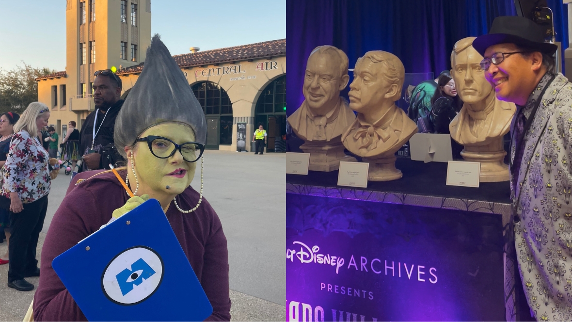 Jump Scare! The D23 Spotlight Series Bites into Halloween At left, a D23 member dressed as Roz from Monsters, Inc. (2001) strikes an administrative pose in front of the Grand Central Air Terminal during D23’s Halloween Boo-nanza event in Glendale, CA. They’re wearing a maroon sweater and horn-rimmed glasses, with accessories such as a clipboard with the “Monsters, Inc.” logo and a scream canister purse. At right, a D23 member poses with the singing bust stand-ins from 2003’s The Haunted Mansion, at the Walt Disney Archives’ “Heads Will Roll” display. The busts’ material evoke marble, and the faces are expressive. The fan poses to their right whilst wearing a gray blazer with Haunted Mansion patterning.