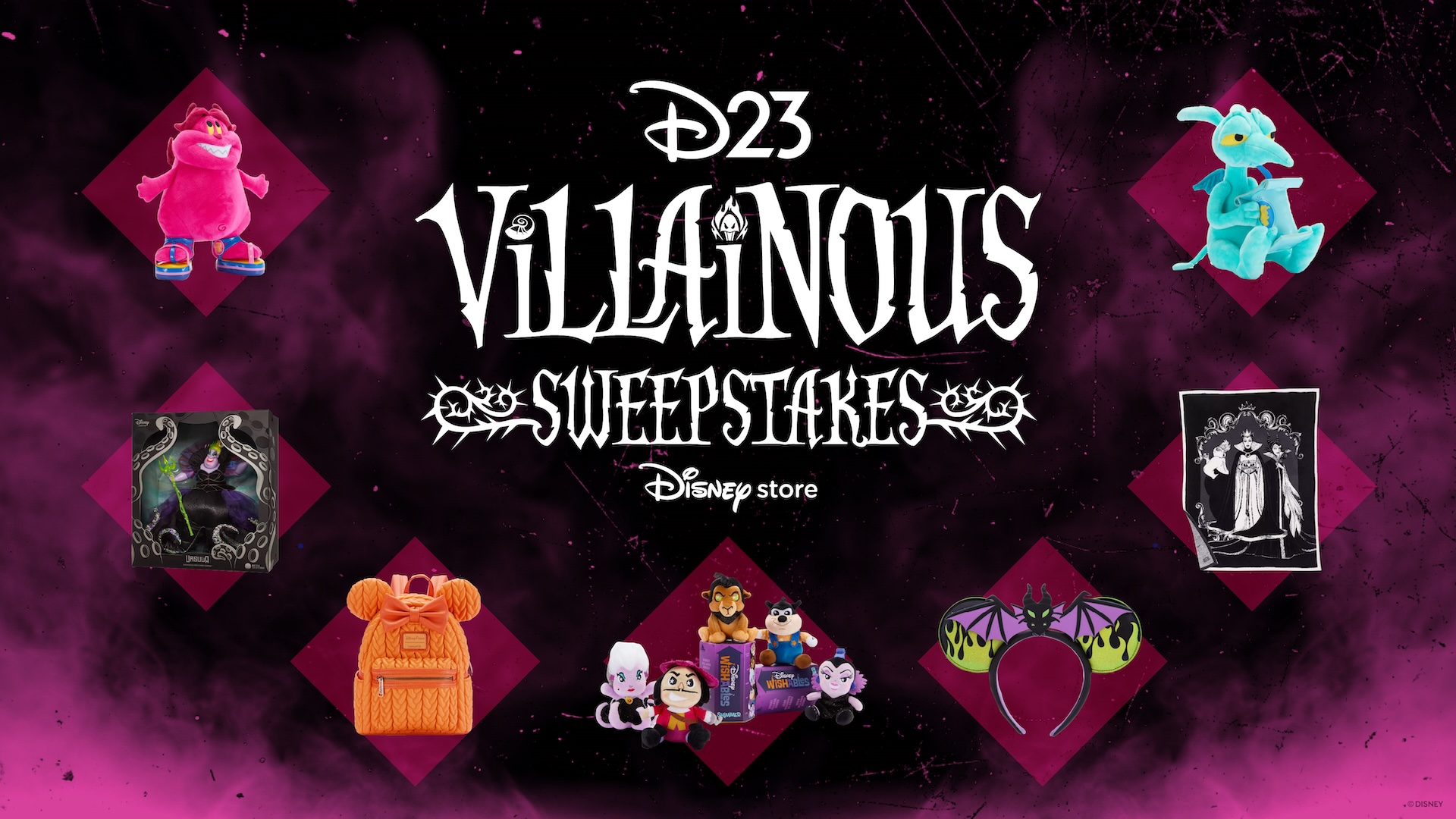 D23 Villainous Sweepstakes promotional graphic featuring the logo in gothic-style lettering with the Disney Store logo beneath it, surrounded by villain-themed merchandise prizes including plush toys, a Maleficent ear headband, an Ursula collectible, an orange Mickey backpack, villain plush set, and artwork of Disney villains, all set against a smoky black and magenta background.