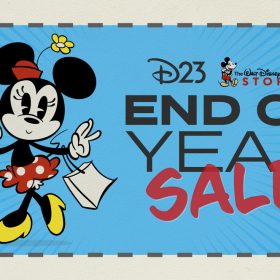 A blue starburst coupon-style image with a grey dashed border. In the top right-hand corner is a pair of scissors mimicking a coupon being cut out. On the left of the coupon is Minnie Mouse holding two shopping bags. To the right is text reading “D23 The Walt Disney Company Store End of Year Sale.” There is a faded white barcode on the bottom right of the image.