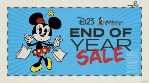 A blue starburst coupon-style image with a grey dashed border. In the top right-hand corner is a pair of scissors mimicking a coupon being cut out. On the left of the coupon is Minnie Mouse holding two shopping bags. To the right is text reading “D23 The Walt Disney Company Store End of Year Sale.” There is a faded white barcode on the bottom right of the image.