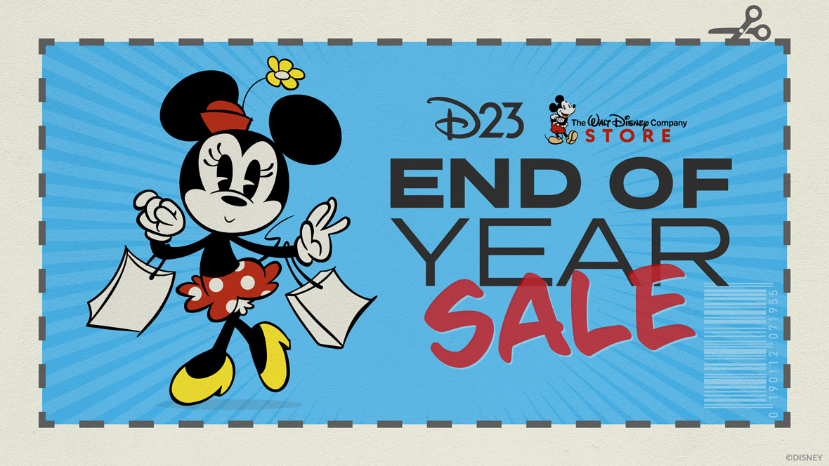 A blue starburst coupon-style image with a grey dashed border. In the top right-hand corner is a pair of scissors mimicking a coupon being cut out. On the left of the coupon is Minnie Mouse holding two shopping bags. To the right is text reading “D23 The Walt Disney Company Store End of Year Sale.” There is a faded white barcode on the bottom right of the image.