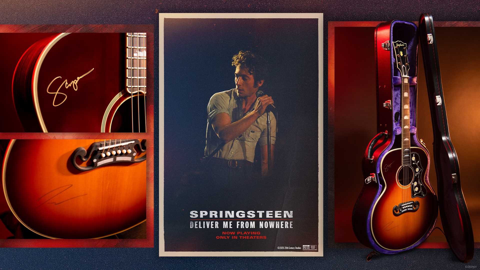 D23 Movie Fan Sweepstakes – Springsteen: Deliver Me from Nowhere D23 Movie Fan Sweepstakes promotional image featuring the poster for Springsteen: Deliver Me From Nowhere in the center, flanked by close-ups of signed guitars and a full view of a sunburst Gibson acoustic guitar in its case, all set against a dark textured background.