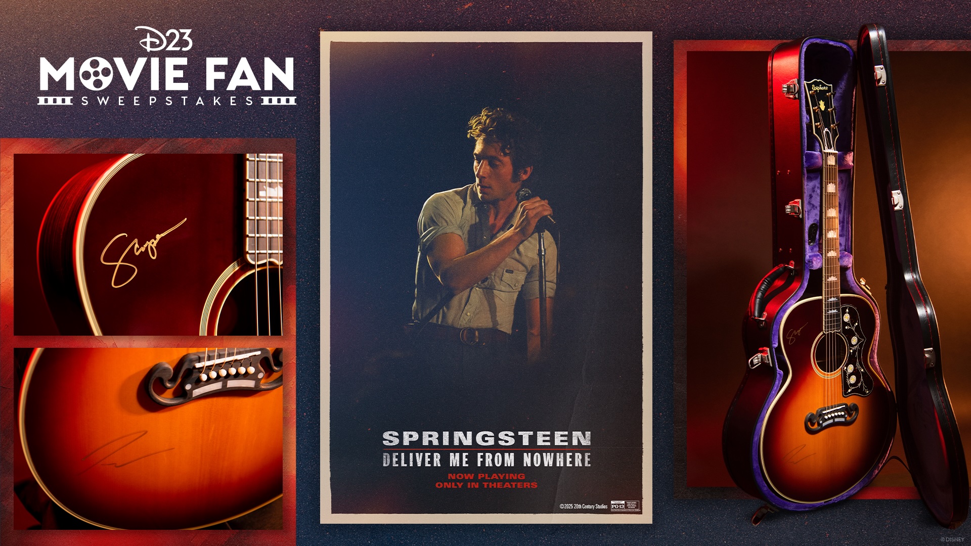 D23 Movie Fan Sweepstakes promotional image featuring the poster for Springsteen: Deliver Me From Nowhere in the center, flanked by close-ups of signed guitars and a full view of a sunburst Gibson acoustic guitar in its case, all set against a dark textured background.