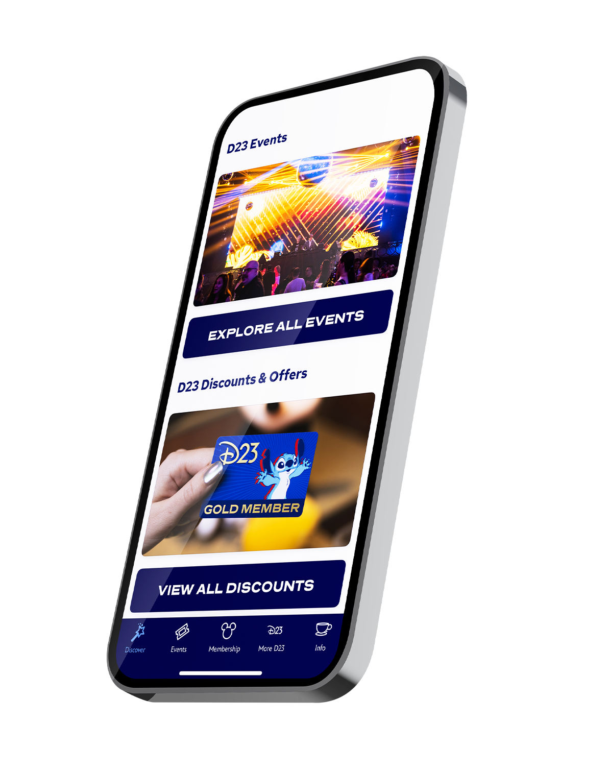 Image of an iPhone displaying the Disney D23 app, featuring sections for D23 Events with a concert image, and D23 Discounts & Offers with a D23 Gold Member card featuring Stitch, along with navigation icons at the bottom.