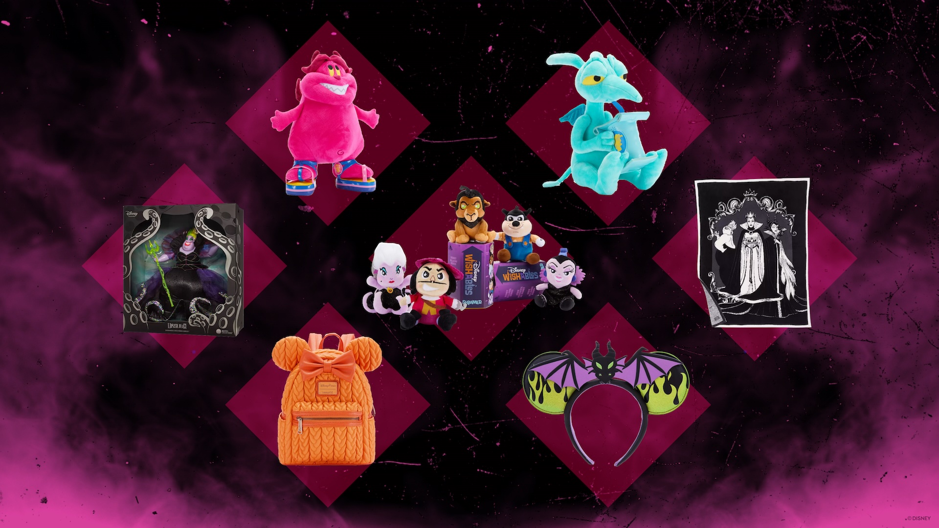 D23 Villainous Sweepstakes promotional graphic featuring villain-themed merchandise prizes including plush toys, a Maleficent ear headband, an Ursula collectible, an orange Mickey backpack, villain plush set, and artwork of Disney villains, all set against a smoky black and magenta background.