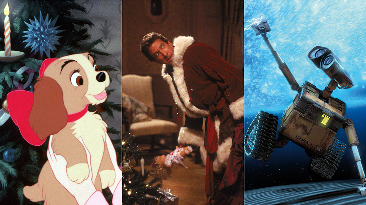 Three-image collage. On the left, Darling (voided by Peggy Lee) receiving Lady (voiced by Barbara Luddy) as a present in Lady and the Tramp. In the center, Scott Calvin / Santa Claus (played by Tim Allen) places presents beneath a Christmas tree in The Santa Clause. On the right, WALL·E (voiced by Ben Burtt) touching the stars in space in WALL·E.