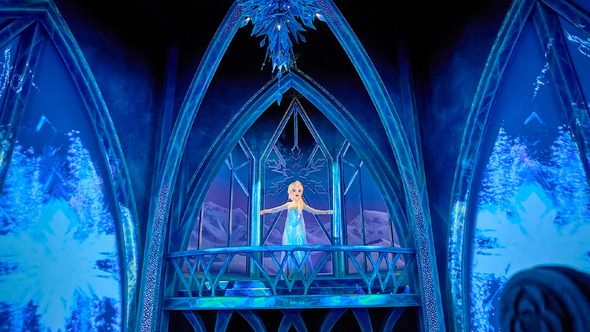 An image from inside the Frozen Ever After attraction in the Norway pavilion at EPCOT, featuring Princess Elsa.