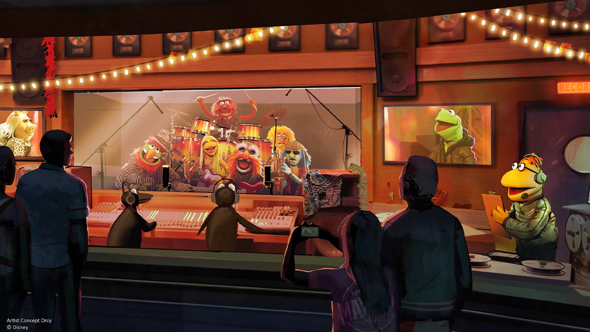 An artist rendering of the Rock ’n’ Roller Coaster Starring The Muppets attraction opening in Summer 2026 at Disney’s Hollywood Studios.