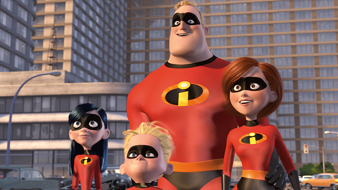 (From left to right) Violet (voiced by Sarah Vowell), Dash (voiced by Spencer Fox), Mr. Incredible (voiced by Craig T. Nelson), and Elastigirl (voiced by Holly Hunter) in a still from The Incredibles, wearing their superhero costumes.