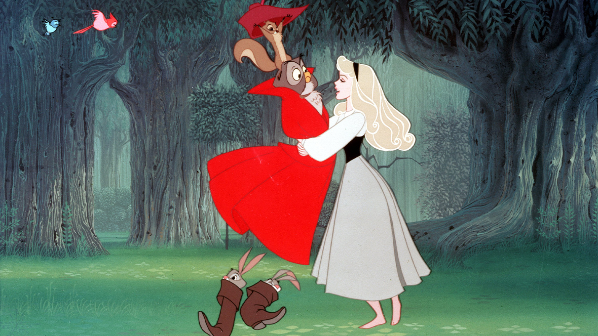 Briar Rose (played by Mary Costa) dancing with animals in the forest in “Once Upon a Dream” from Sleeping Beauty.