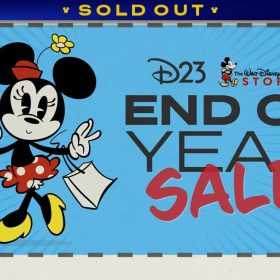 A blue starburst coupon-style image with a grey dashed border. In the top right-hand corner is a pair of scissors mimicking a coupon being cut out. On the left of the coupon is Minnie Mouse holding two shopping bags. To the right is text reading “D23 The Walt Disney Company Store End of Year Sale.” There is a faded white barcode on the bottom right of the image. A banner at the top reads SOLD OUT.