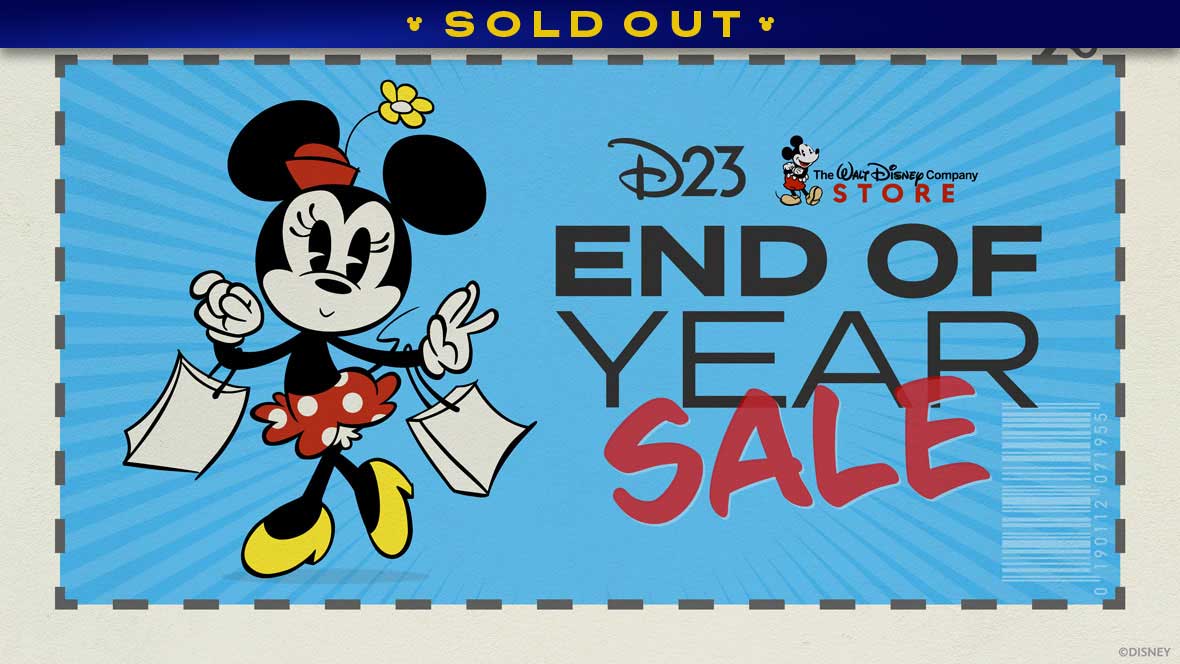 A blue starburst coupon-style image with a grey dashed border. In the top right-hand corner is a pair of scissors mimicking a coupon being cut out. On the left of the coupon is Minnie Mouse holding two shopping bags. To the right is text reading “D23 The Walt Disney Company Store End of Year Sale.” There is a faded white barcode on the bottom right of the image. A banner at the top reads SOLD OUT.
