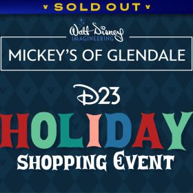 A dark blue background has a lighter blue diamond pattern with Mickey Mouse head silhouettes in the center of each diamond. Words in the middle in bright pastel colors read “D23 Holiday Shopping Event.” Above the title is the logo for “Walt Disney Imagineering Mickey’s of Glendale” in blue and white text. A banner at the top reads "SOLD OUT."