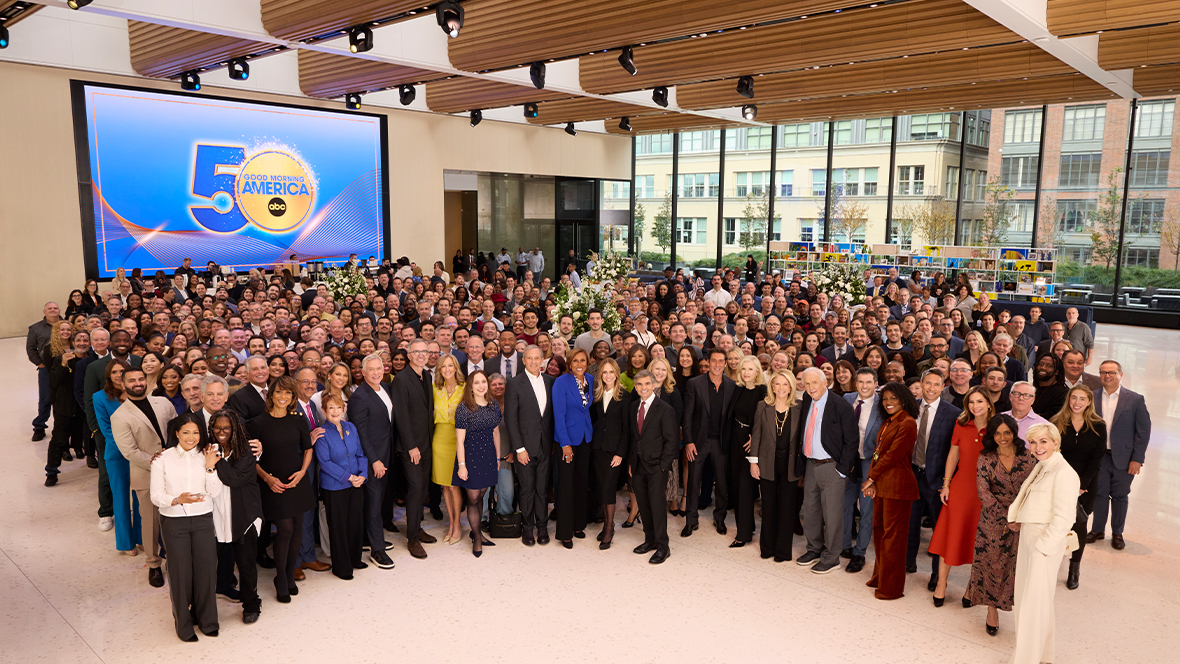 Bob Iger, CEO, The Walt Disney Company, and Dana Walden, Co-Chairman, Disney Entertainment, pose with members from ABC News' Good Morning America team in celebration of the show's 50th anniversary.
