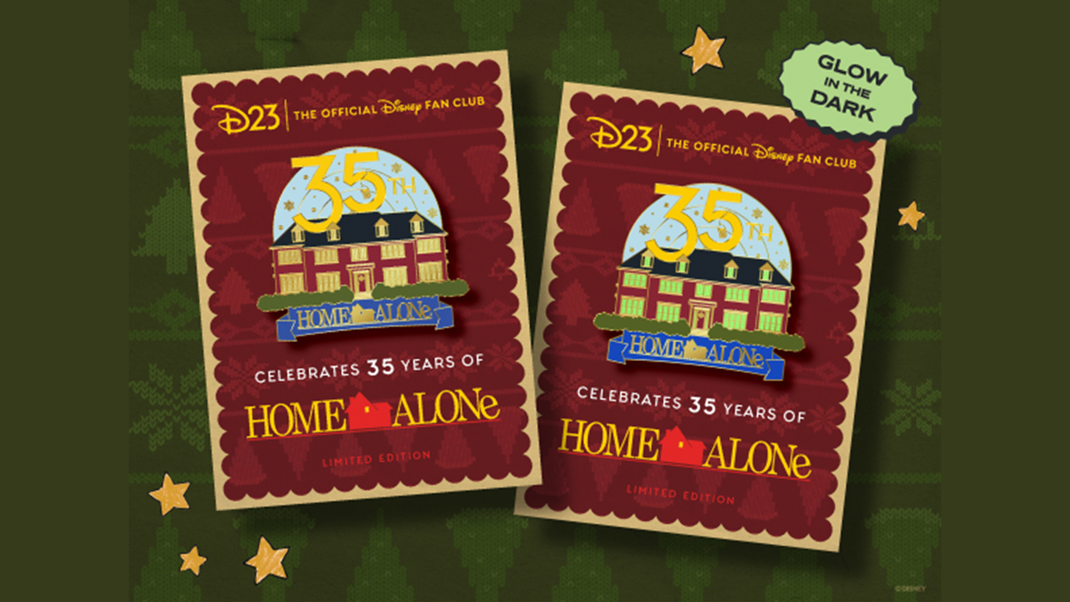 A promotional image of a D23-exclusive Home Alone pin highlighting the film’s 35th anniversary. The pin features the McCallister house– a large brick mansion with lit windows, and a large number “35” in yellow. Also mentioned is the pin being glow in the dark.