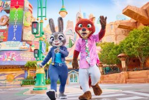 Judy Hopps and Nick Wilde wear new Zootopia 2 costumes at Shanghai Disney Resort.