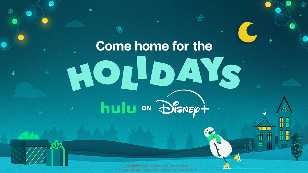 Blue graphic featuring yellow, green, and blue Christmas lights, a snowman ice skating, green and teal gift boxes, and text that reads “Come home for the holidays. Hulu on Disney+.”