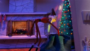 Jack Skellington (voiced by Chris Sarandon) dressed as Sandy Claws and putting presents under a Christmas tree in Tim Burton&rsquo;s The Nightmare Before Christmas.